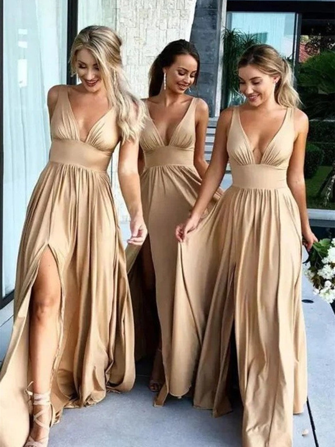 A-Line/Princess Sexy Plunge V-Neck Sleeveless Floor-Length Pleated Bridesmaid Dresses with Slit