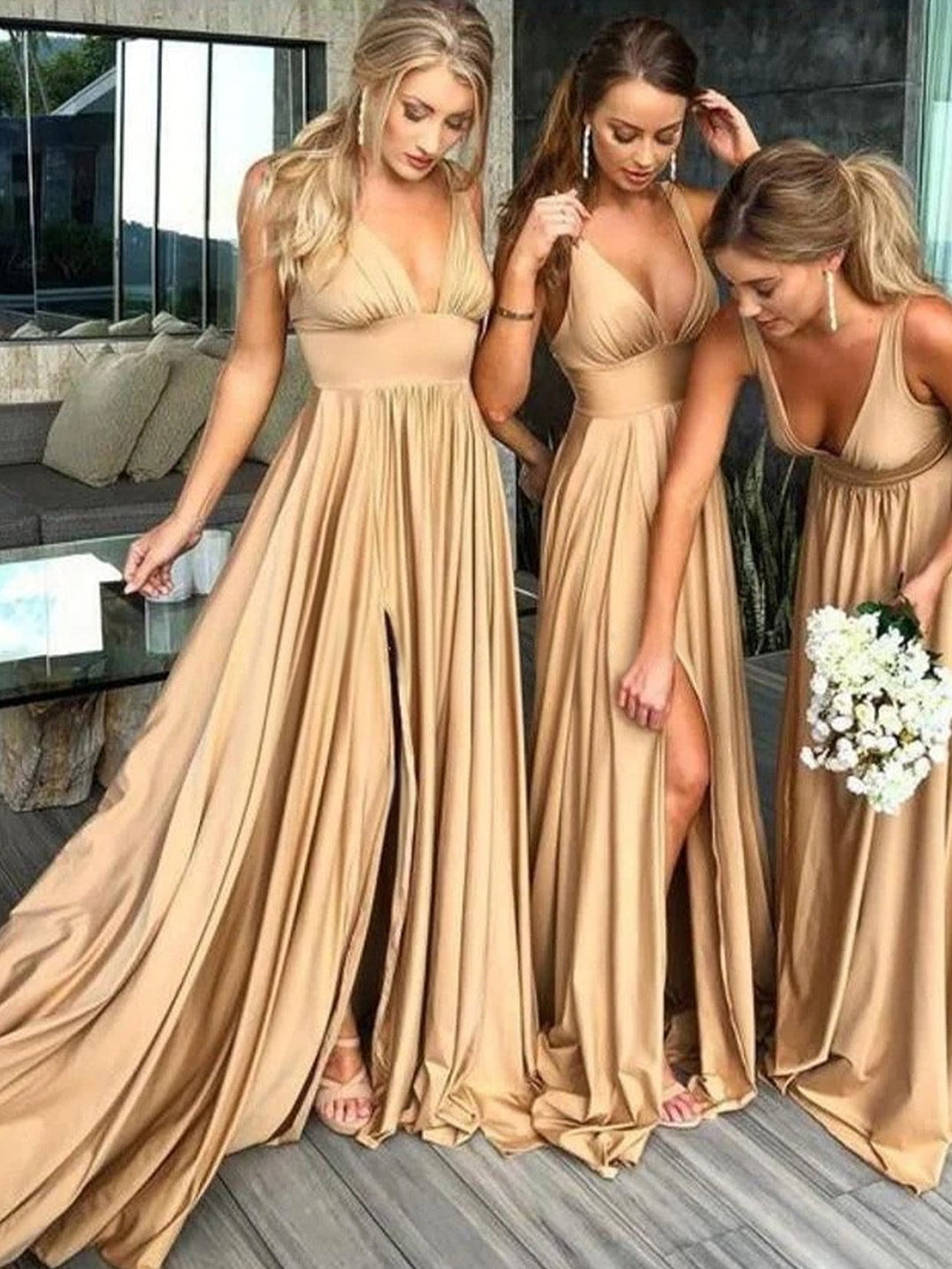 A-Line/Princess Sexy Plunge V-Neck Sleeveless Floor-Length Pleated Bridesmaid Dresses with Slit