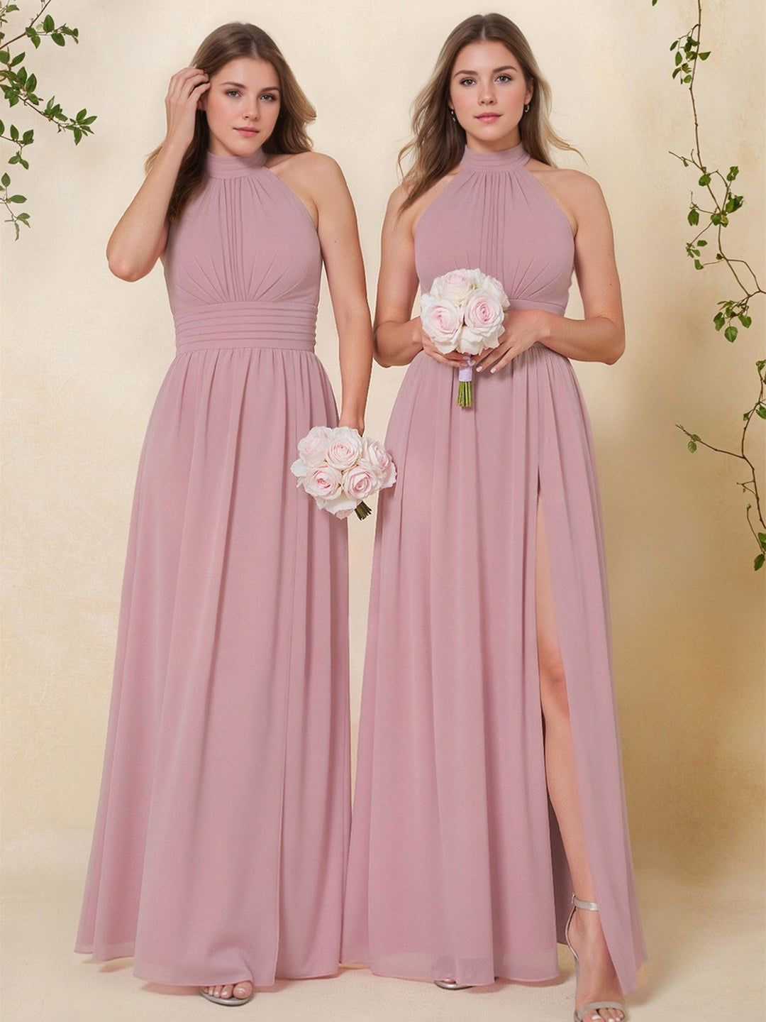 A-Line/Princess High Neck Sleeveless Ruched Floor-Length Pleated Bridesmaid Dresses with Bow & Slit