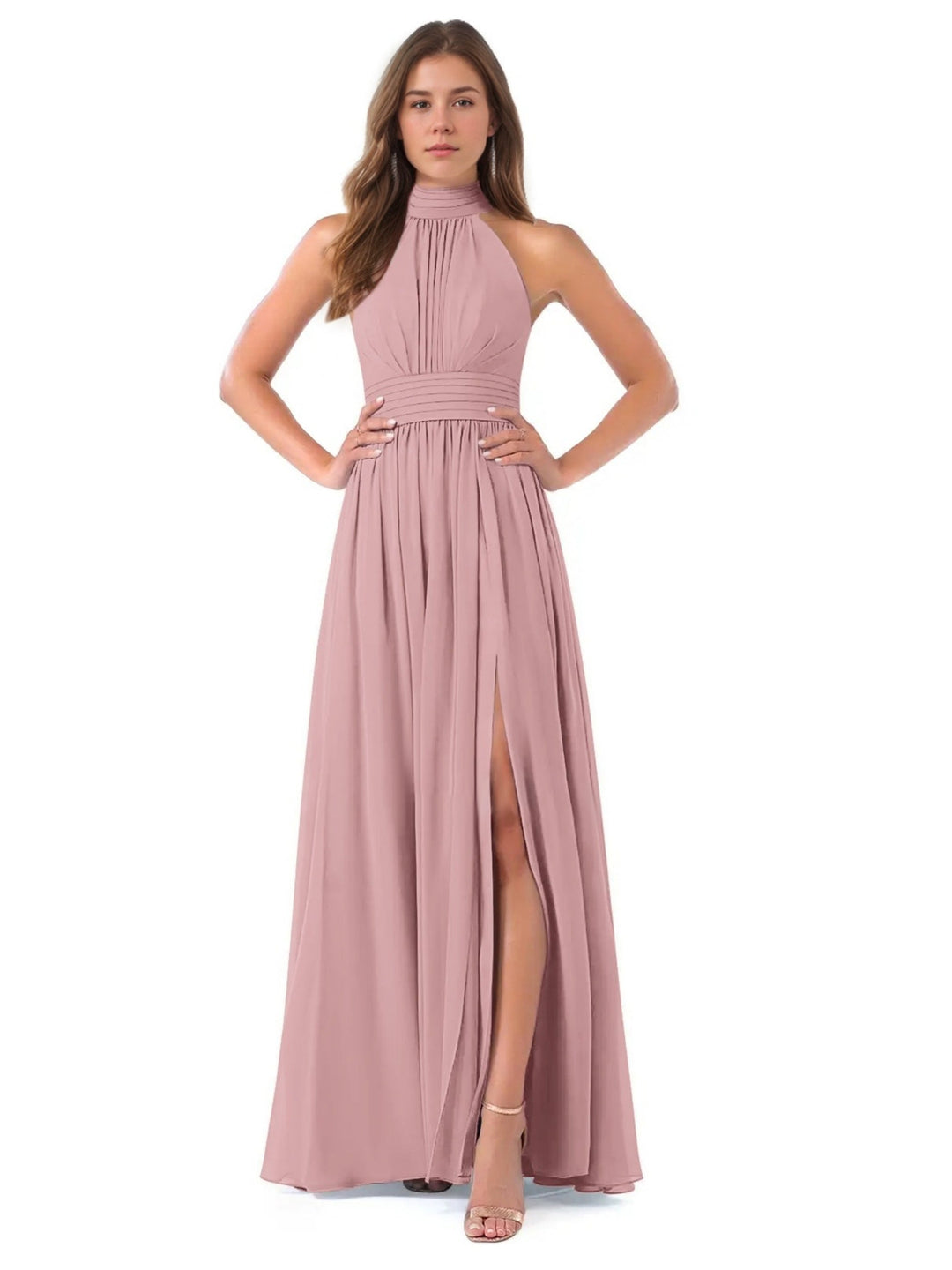 A-Line/Princess High Neck Sleeveless Ruched Floor-Length Pleated Bridesmaid Dresses with Bow & Slit