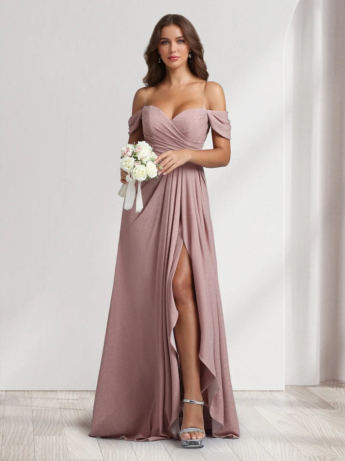 A-Line/Princess Off-the-Shoulder Floor-Length Ruched Bridesmaid Dresses With Ruffles & Split Side