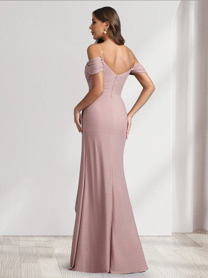 A-Line/Princess Off-the-Shoulder Floor-Length Ruched Bridesmaid Dresses With Ruffles & Split Side
