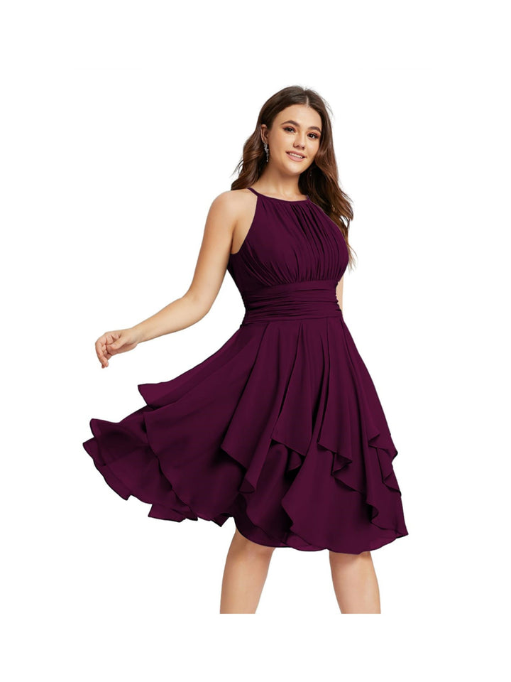 A-Line/Princess Halter  Sleeveless Short/Mini  Bridesmaid Dresses Chiffon Ruffle Pleated Pockets