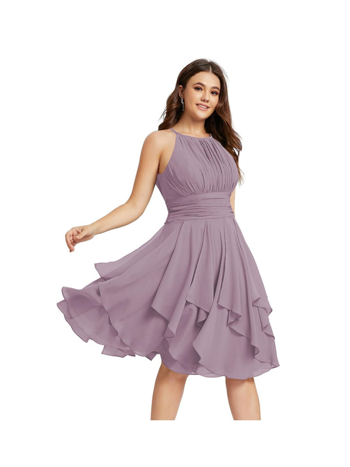 A-Line/Princess Halter  Sleeveless Short/Mini  Bridesmaid Dresses Chiffon Ruffle Pleated Pockets