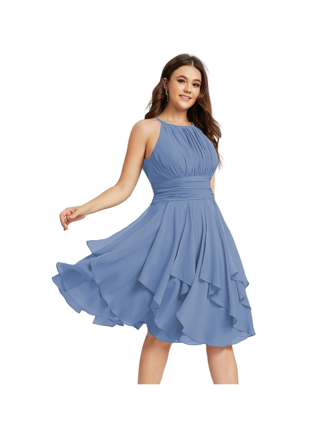 A-Line/Princess Halter  Sleeveless Short/Mini  Bridesmaid Dresses Chiffon Ruffle Pleated Pockets