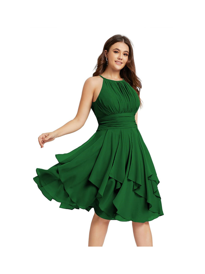 A-Line/Princess Halter  Sleeveless Short/Mini  Bridesmaid Dresses Chiffon Ruffle Pleated Pockets