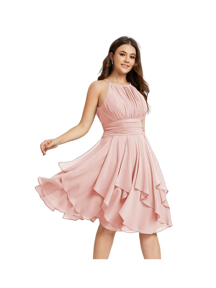 A-Line/Princess Halter  Sleeveless Short/Mini  Bridesmaid Dresses Chiffon Ruffle Pleated Pockets