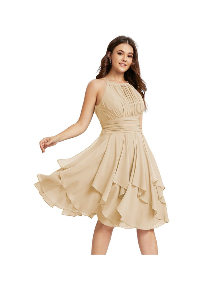 A-Line/Princess Halter  Sleeveless Short/Mini  Bridesmaid Dresses Chiffon Ruffle Pleated Pockets