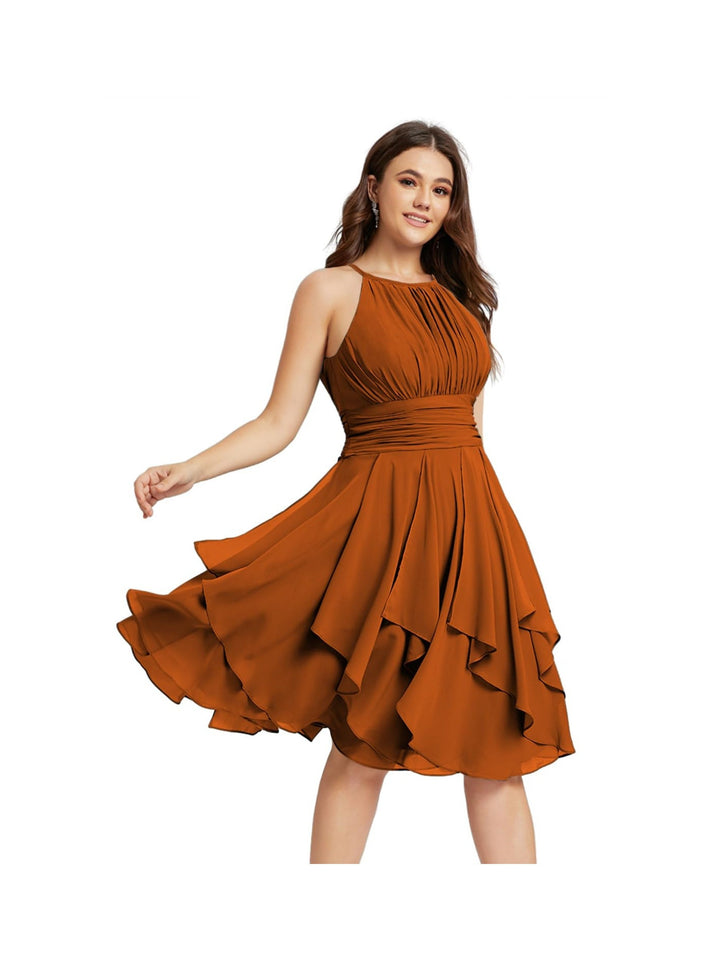 A-Line/Princess Halter  Sleeveless Short/Mini  Bridesmaid Dresses Chiffon Ruffle Pleated Pockets