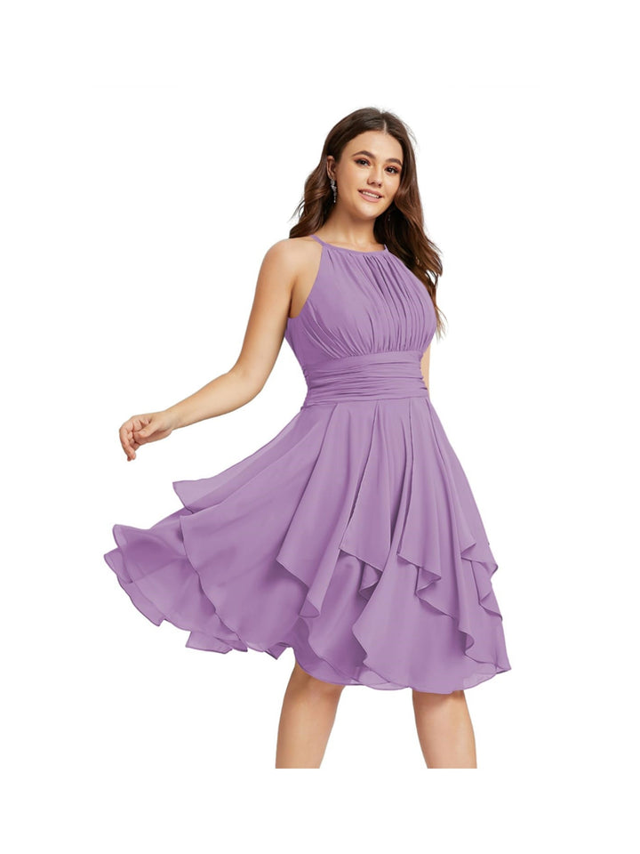 A-Line/Princess Halter  Sleeveless Short/Mini  Bridesmaid Dresses Chiffon Ruffle Pleated Pockets