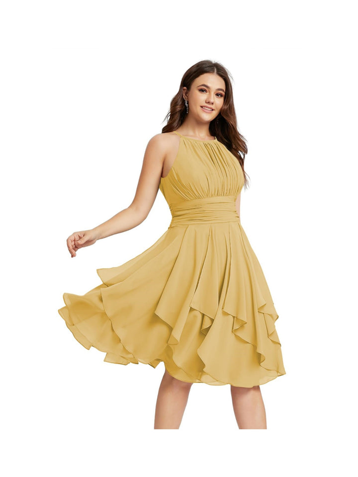 A-Line/Princess Halter  Sleeveless Short/Mini  Bridesmaid Dresses Chiffon Ruffle Pleated Pockets