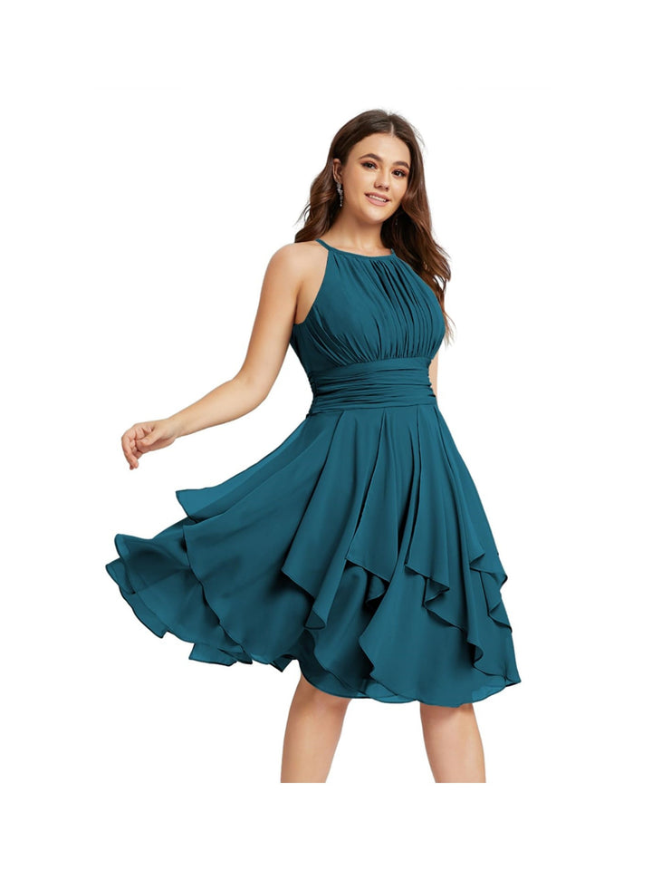 A-Line/Princess Halter  Sleeveless Short/Mini  Bridesmaid Dresses Chiffon Ruffle Pleated Pockets