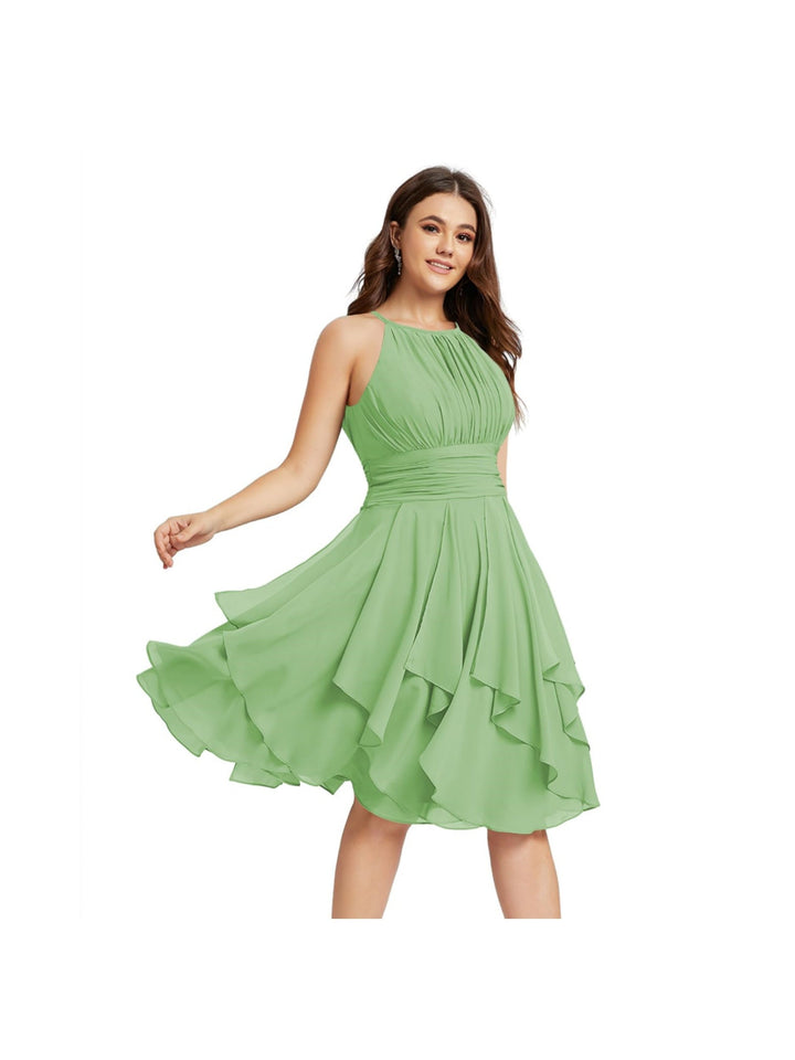A-Line/Princess Halter  Sleeveless Short/Mini  Bridesmaid Dresses Chiffon Ruffle Pleated Pockets