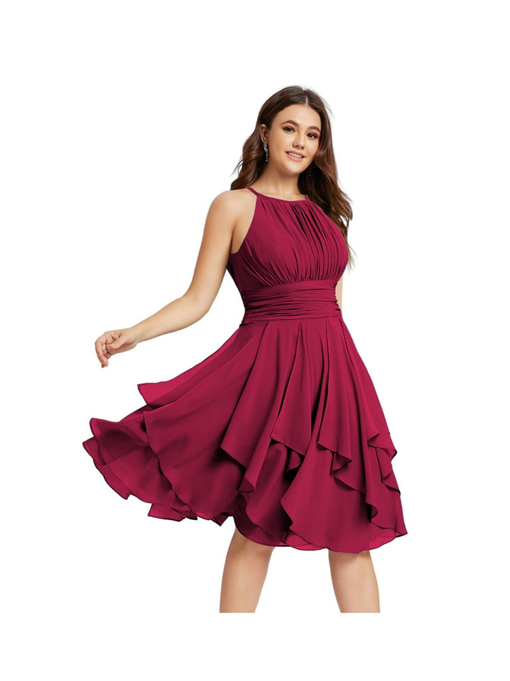 A-Line/Princess Halter  Sleeveless Short/Mini  Bridesmaid Dresses Chiffon Ruffle Pleated Pockets