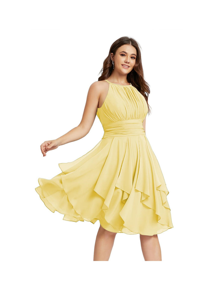 A-Line/Princess Halter  Sleeveless Short/Mini  Bridesmaid Dresses Chiffon Ruffle Pleated Pockets
