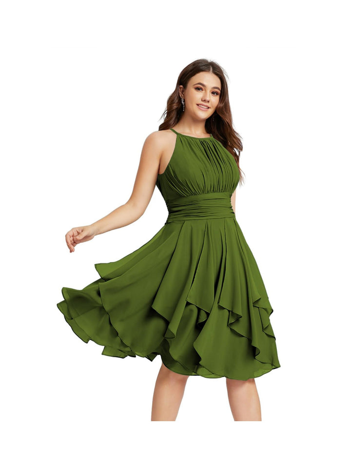 A-Line/Princess Halter  Sleeveless Short/Mini  Bridesmaid Dresses Chiffon Ruffle Pleated Pockets