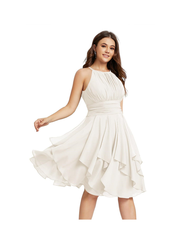 A-Line/Princess Halter  Sleeveless Short/Mini  Bridesmaid Dresses Chiffon Ruffle Pleated Pockets