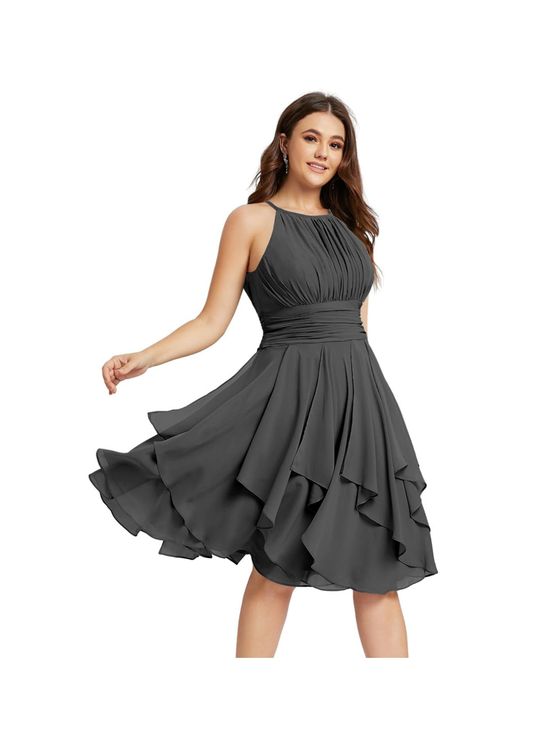 A-Line/Princess Halter  Sleeveless Short/Mini  Bridesmaid Dresses Chiffon Ruffle Pleated Pockets