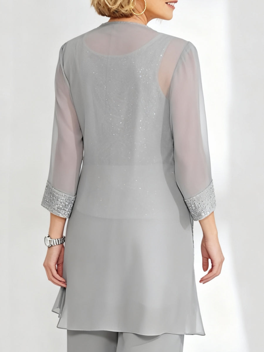 Chiffon 3/4 Sleeves Jacket Sequins Wraps Pure Color