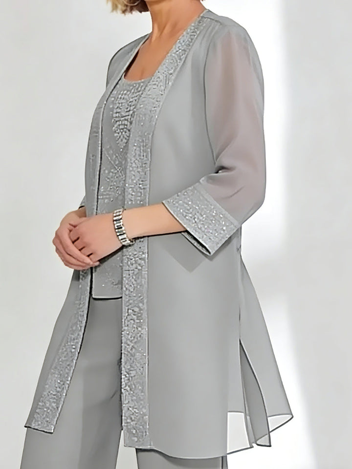 Chiffon 3/4 Sleeves Jacket Sequins Wraps Pure Color
