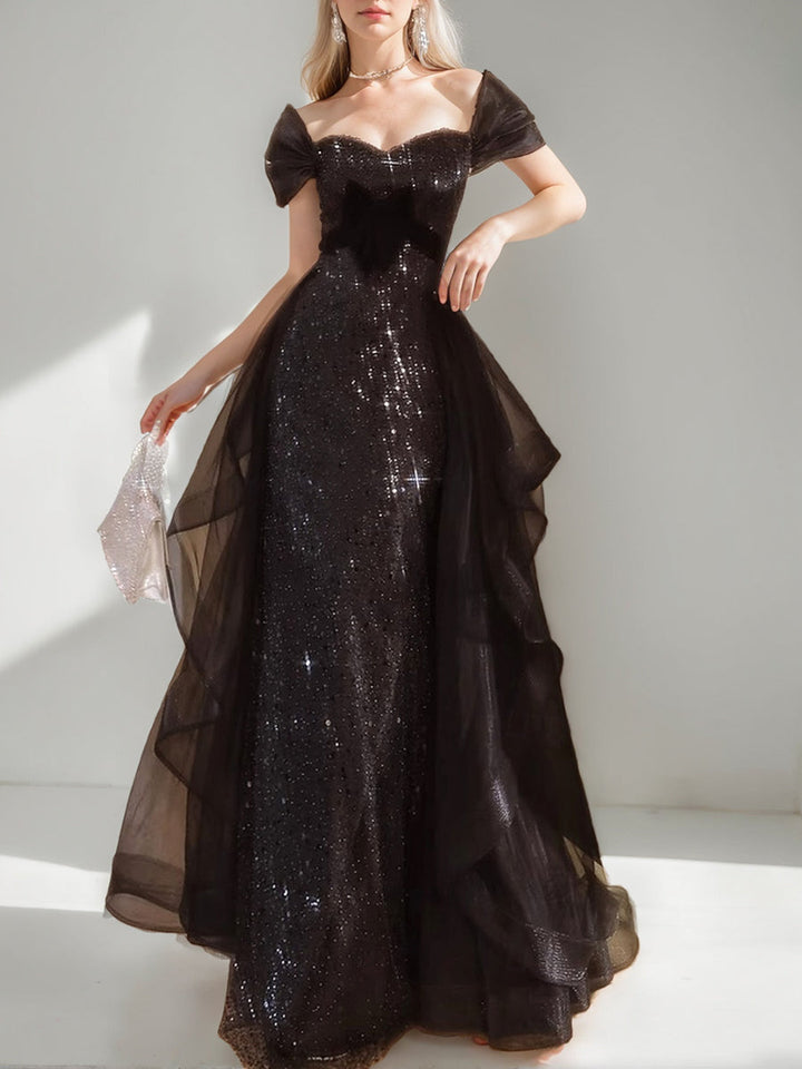 Black Luxurious Short Sleeves Evening Dresses with Sequins & Ruffles