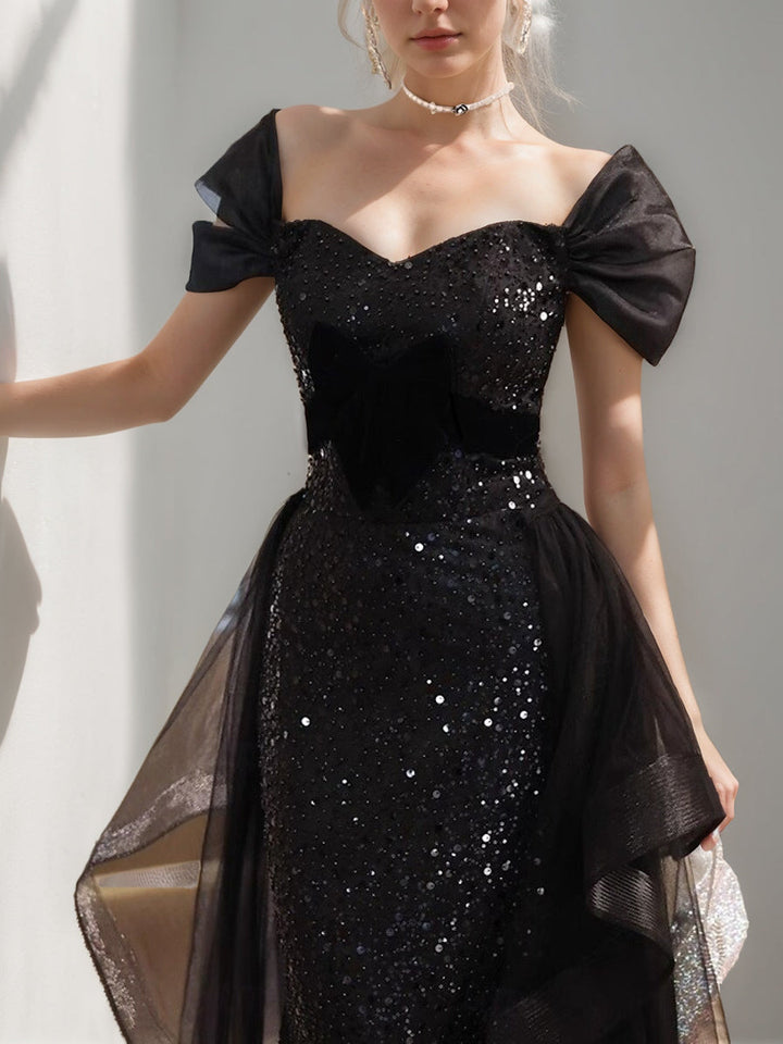 Black Luxurious Short Sleeves Evening Dresses with Sequins & Ruffles