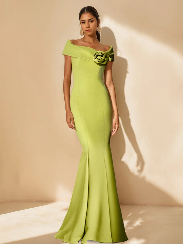 Trumpet/Mermaid Off-the-Shoulder Minimalist Mother of the Bride Dresses with Detachable Flower