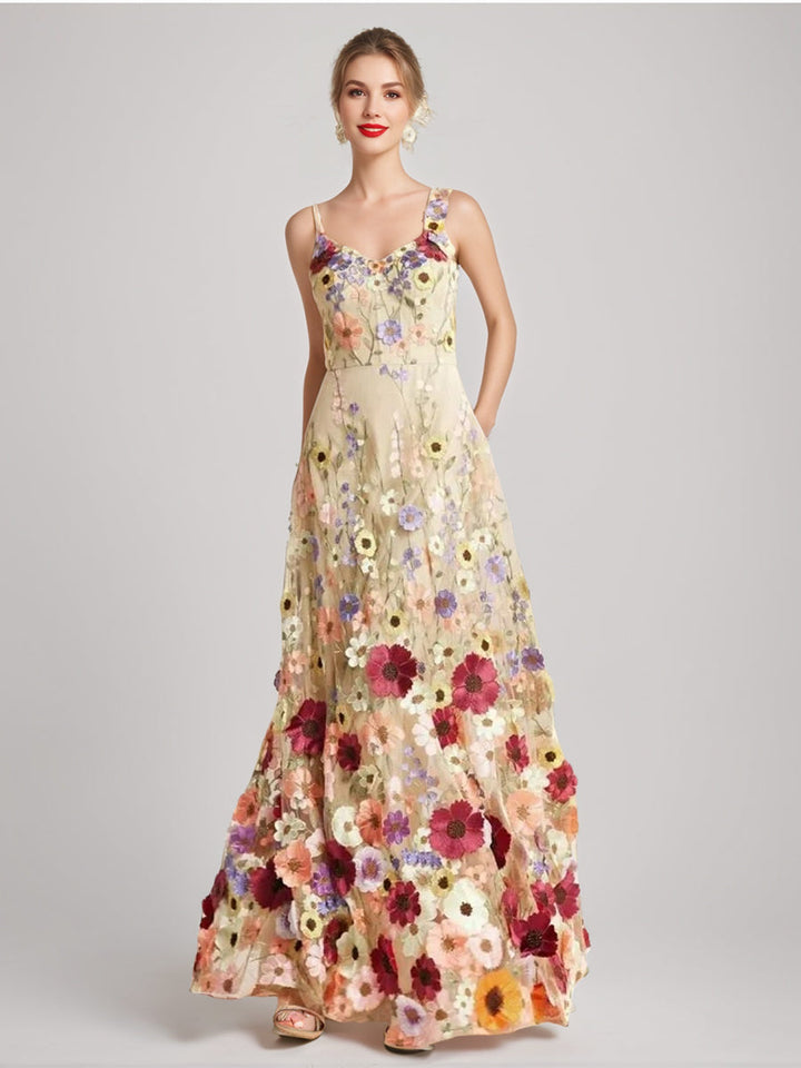 A-Line/Princess Spaghetti Straps Sleeveless Floor-Length Stylish Evening Dresses with Printed Flower