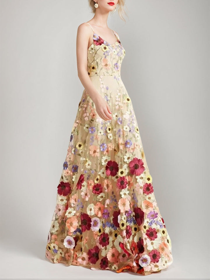 A-Line/Princess Spaghetti Straps Sleeveless Floor-Length Stylish Evening Dresses with Printed Flower