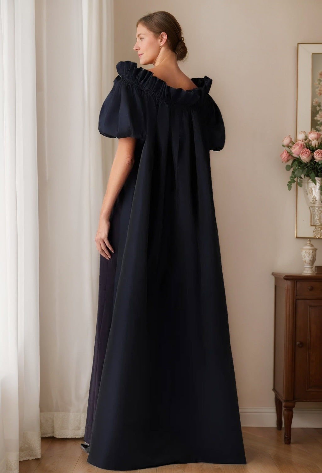 Gown Black Off-the-Shoulder Short Sleeves Floor-Length Chic Evening Dresses with Ruffles