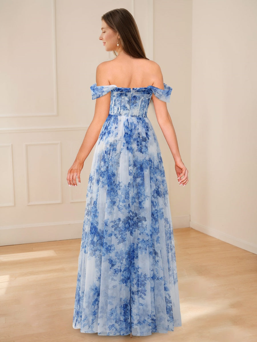 A-Line/Princess Off-the-shoulder Pleated Floor-Length Printed Floral Evening Dresses with Side Slit