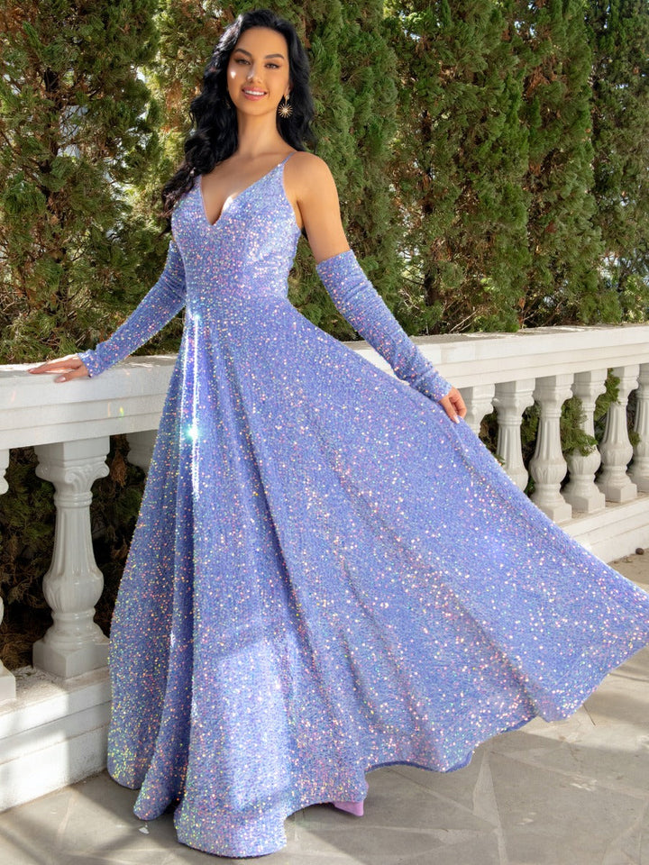 A-Line/Princess Spaghetti Straps Plunge V-Neck Floor-Length Pleated Evening Dresses with  Detachable Sleeves