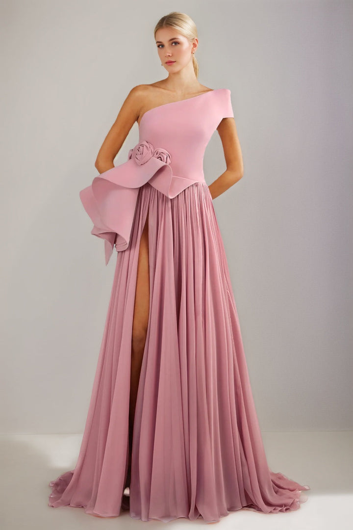 A-Line/Princess One-shoulder Floor-Length Pleated Evening Dresses with High Slit & Ruffles & 3D Flowers