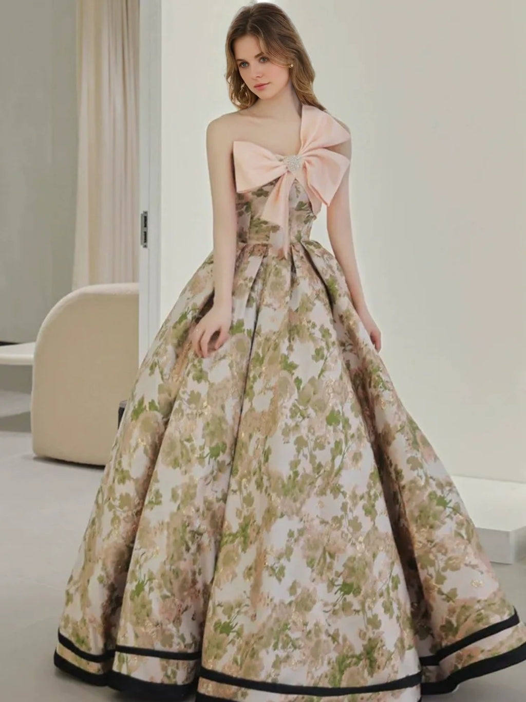 A-Line/Princess Strapless Sleeveless Pleated Printed Floral Evening Dresses with Bow & Jewel Appliques