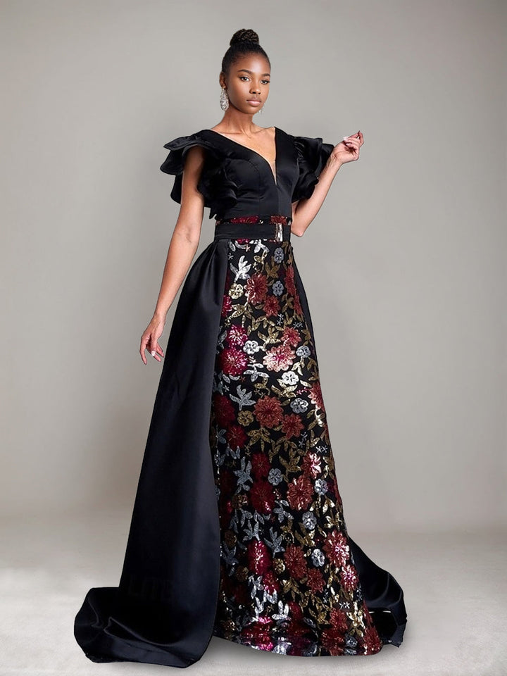 Trumpet/Mermaid Plunge V-Neck Ruffled Sleeves Evening Dresses with Belt & Floral Sequins & Watteau Train