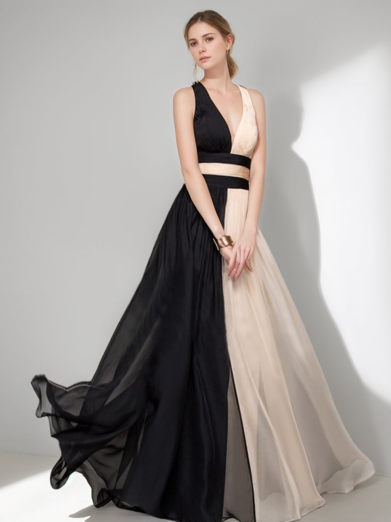 A-Line/Princess Plunge V-Neck Sleeveless Floor-Length Evening Dresses with Criss-cross Back Straps