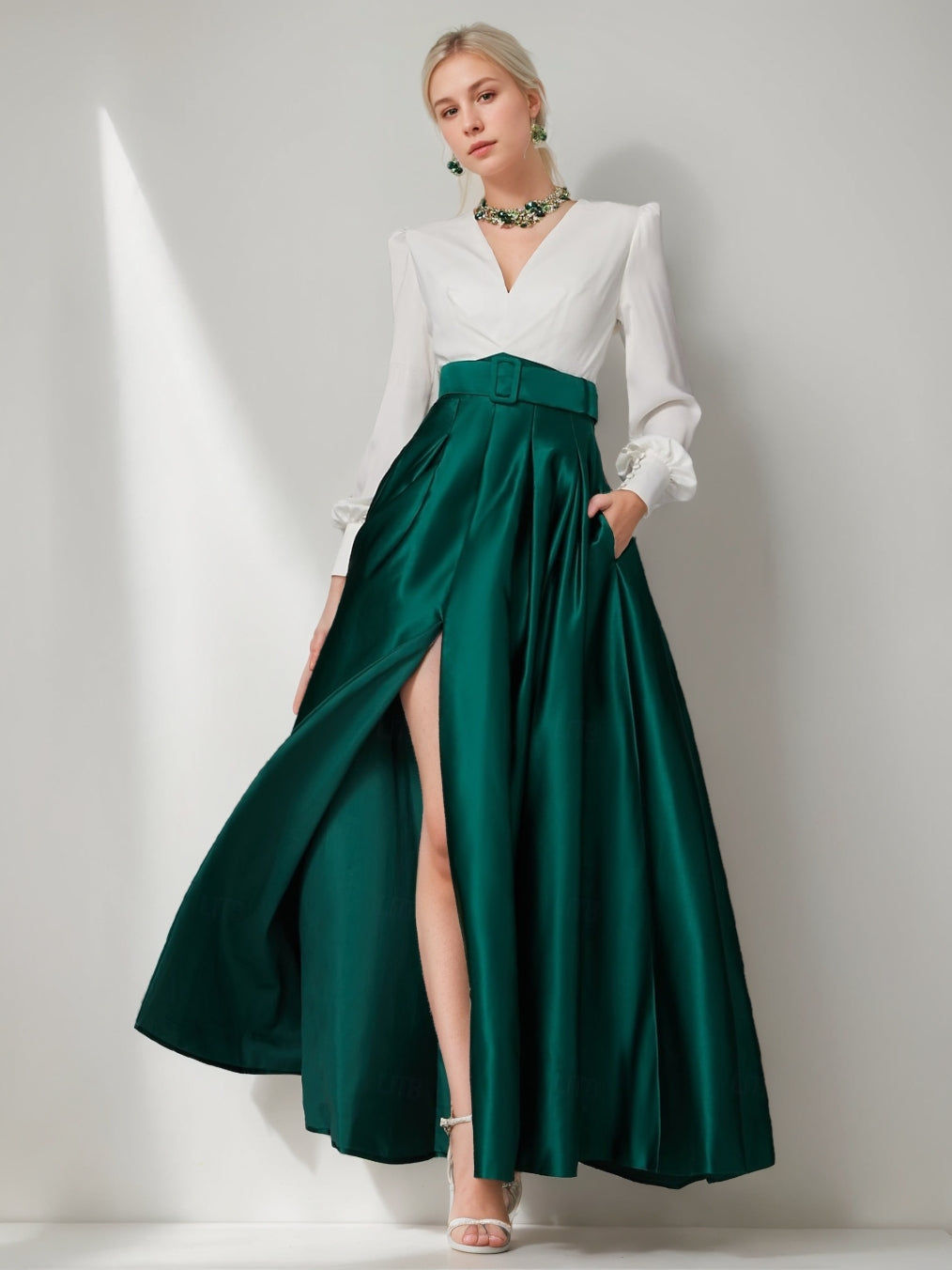 A-Line/Princess V-Neck Long Sleeves Ankle-Length Pleated Evening Dresses with Belt & Slit & Buttons