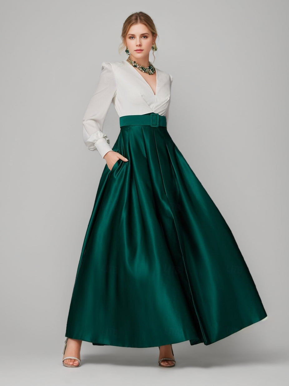 A-Line/Princess V-Neck Long Sleeves Ankle-Length Pleated Evening Dresses with Belt & Slit & Buttons