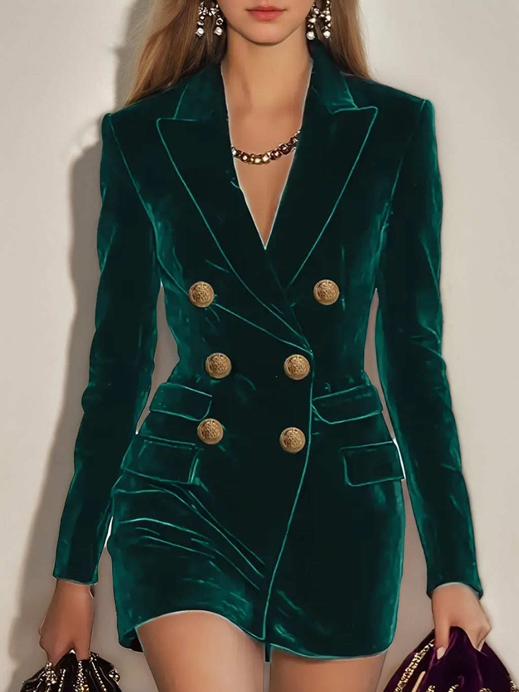 Sheath/Column Blazer-style V-Neck with Peaked Lapel Long Sleeves Short/Mini Evening Dresses with Buttons & Pockets