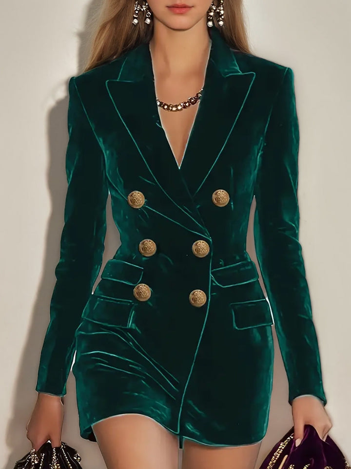 Sheath/Column Blazer-style V-Neck with Peaked Lapel Long Sleeves Short/Mini Evening Dresses with Buttons & Pockets