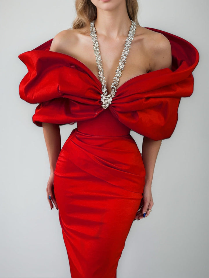 Sheath/Column Halter Sleeveless Ankle-Length Evening Dresses with Rhinestones & Bows