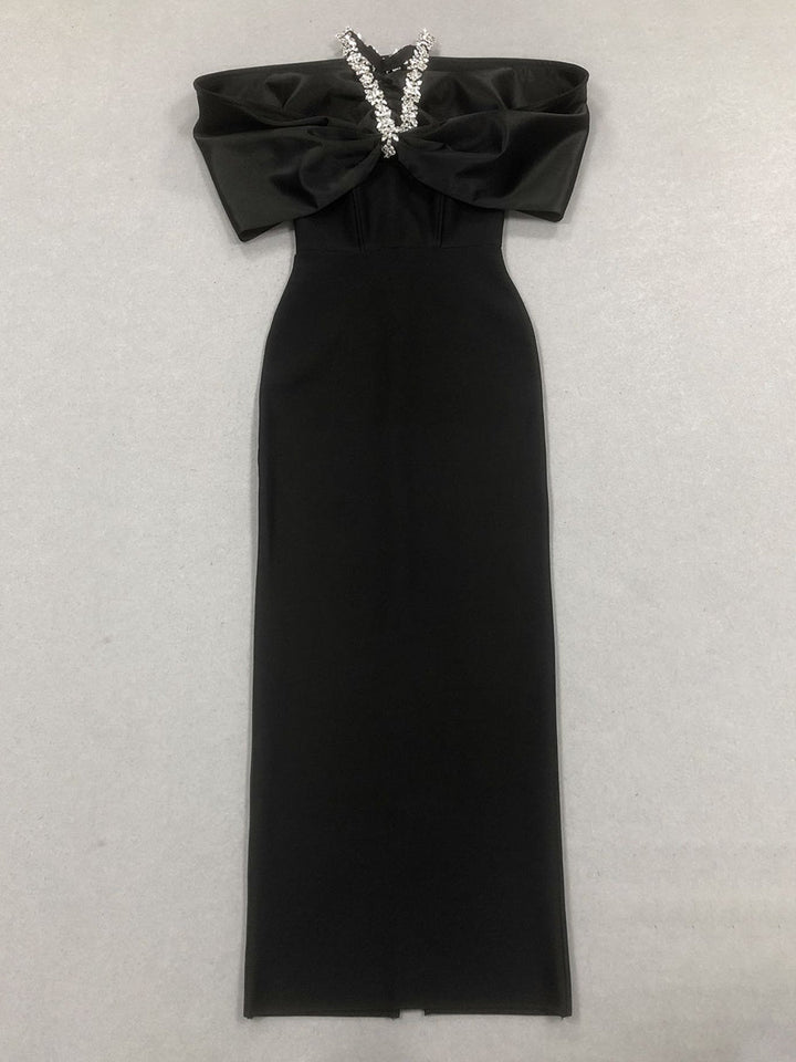 Sheath/Column Halter Sleeveless Ankle-Length Evening Dresses with Rhinestones & Bows