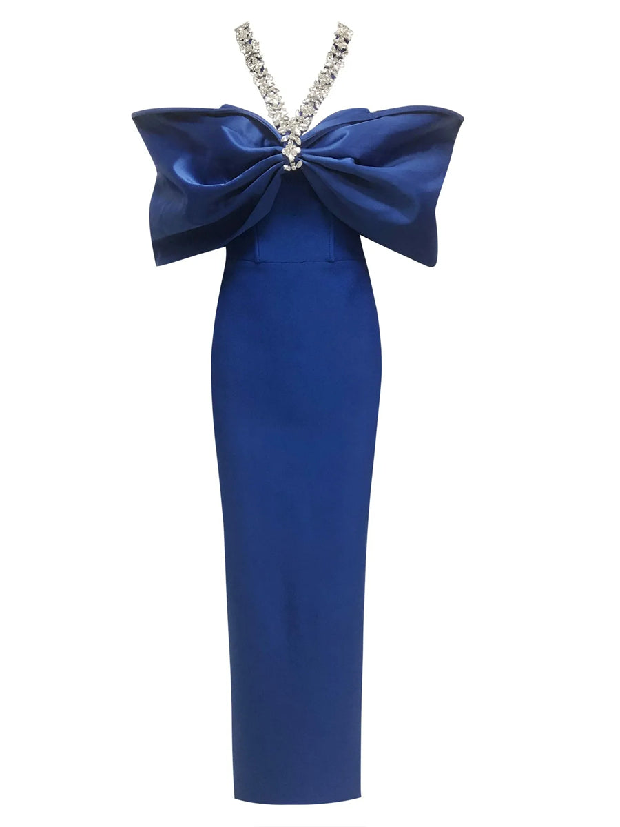 Sheath/Column Halter Sleeveless Ankle-Length Evening Dresses with Rhinestones & Bows