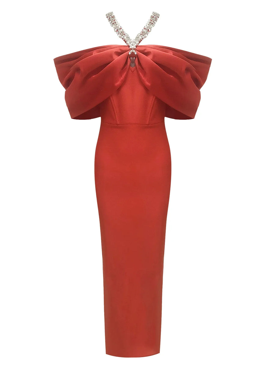 Sheath/Column Halter Sleeveless Ankle-Length Evening Dresses with Rhinestones & Bows