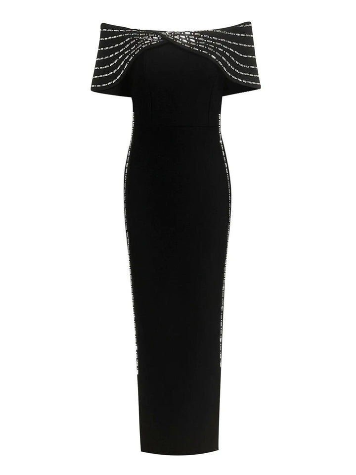 Sheath/Column Off-the-Shoulder Ankle Length Ruffled Evening Dresses with Rhinestones