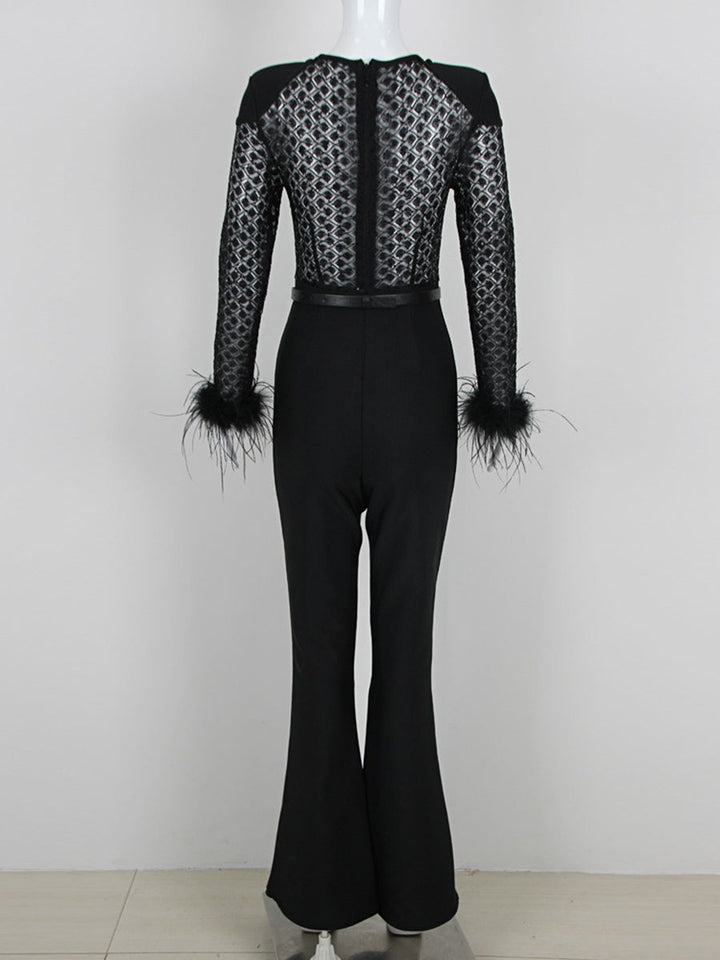 Black Scoop Neck Floor-Length Long Sleeves Evening Pantsuits with Feather & Sequins