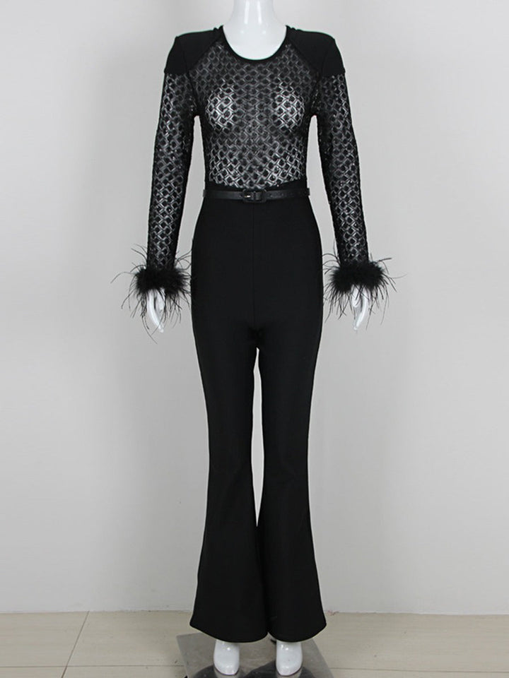 Black Scoop Neck Floor-Length Long Sleeves Evening Pantsuits with Feather & Sequins