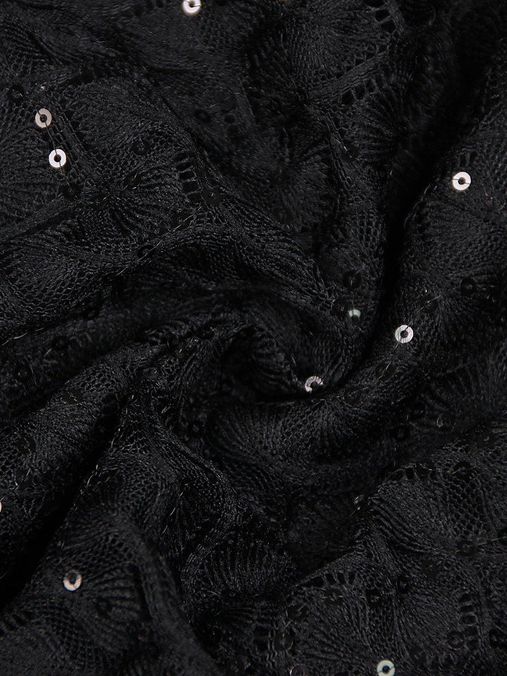 Black Scoop Neck Floor-Length Long Sleeves Evening Pantsuits with Feather & Sequins