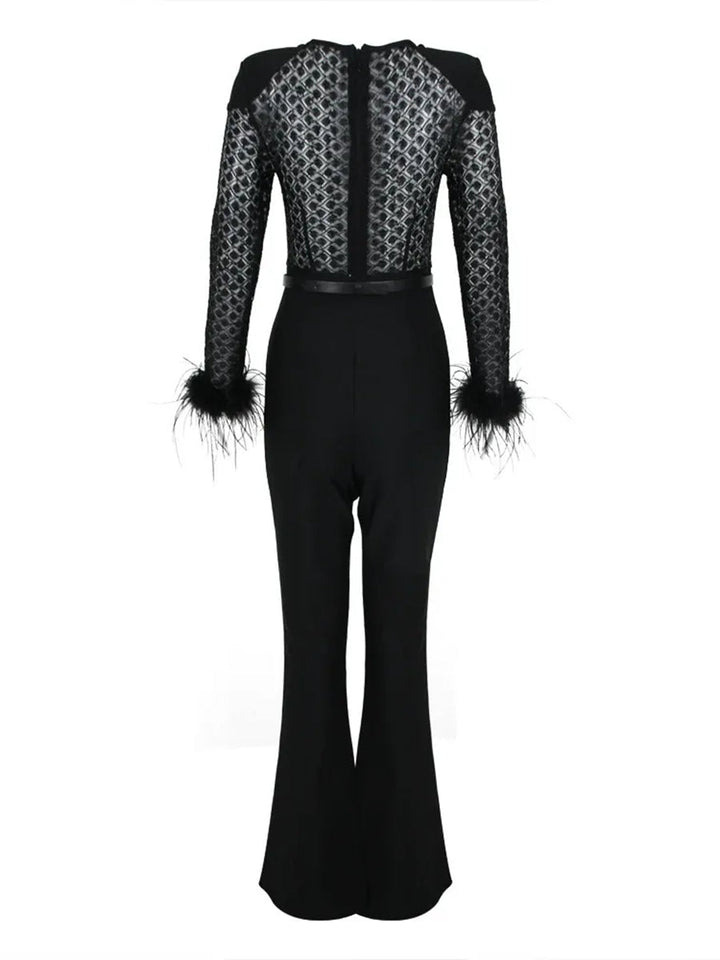 Black Scoop Neck Floor-Length Long Sleeves Evening Pantsuits with Feather & Sequins