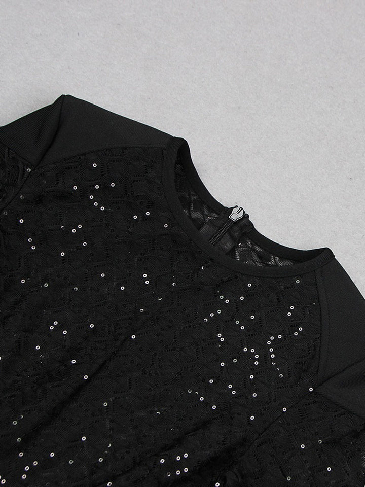 Black Scoop Neck Floor-Length Long Sleeves Evening Pantsuits with Feather & Sequins